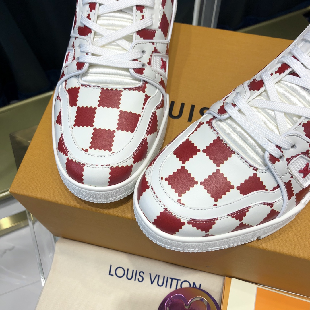 Louis Vuitton Trainer Sneaker Red White Damier - DopestKickz