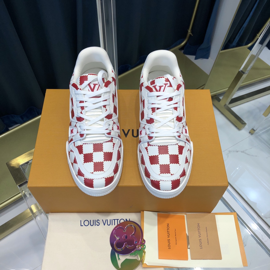 Louis Vuitton Trainer Sneaker Red White Damier - DopestKickz