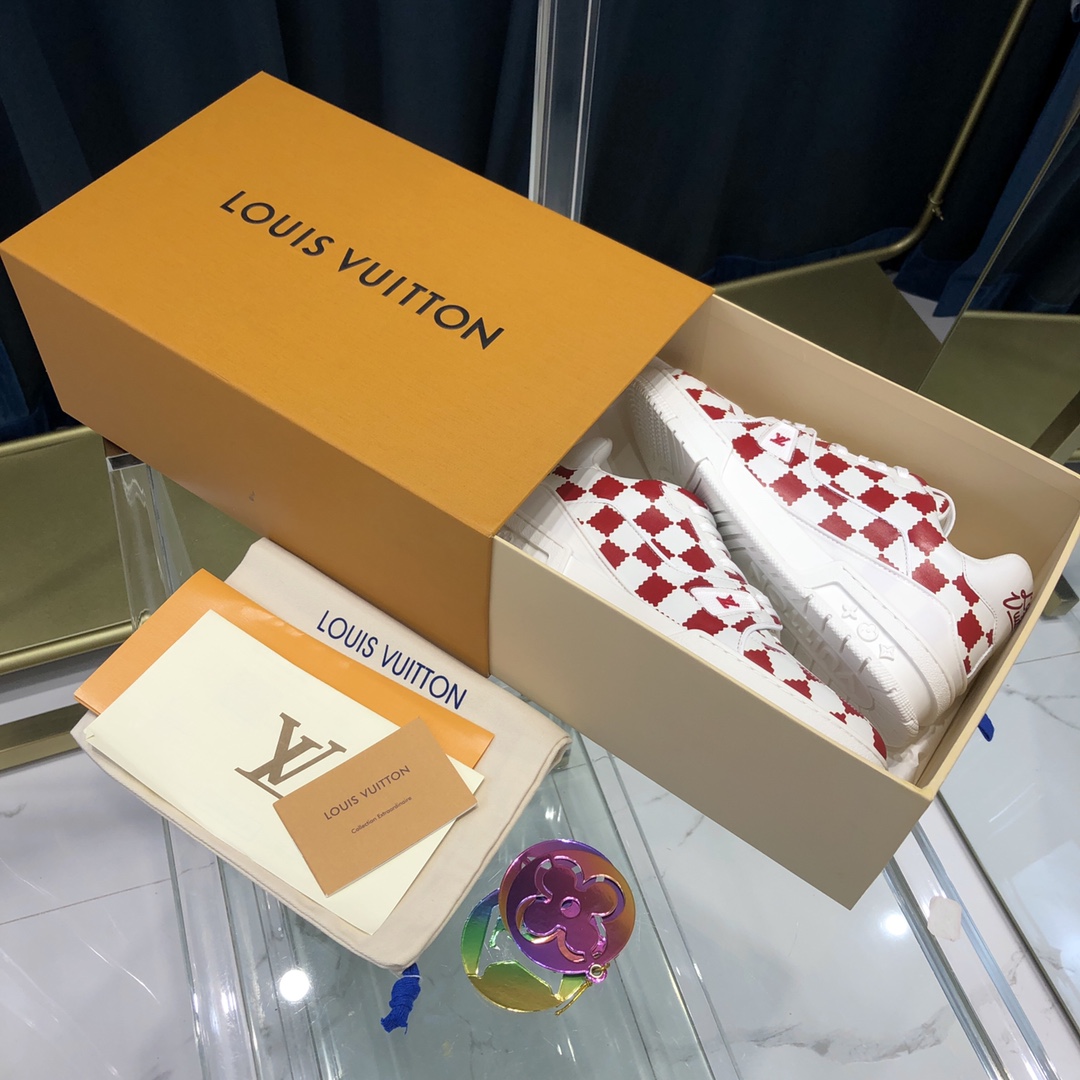 Louis Vuitton Trainer Sneaker Red White Damier - DopestKickz