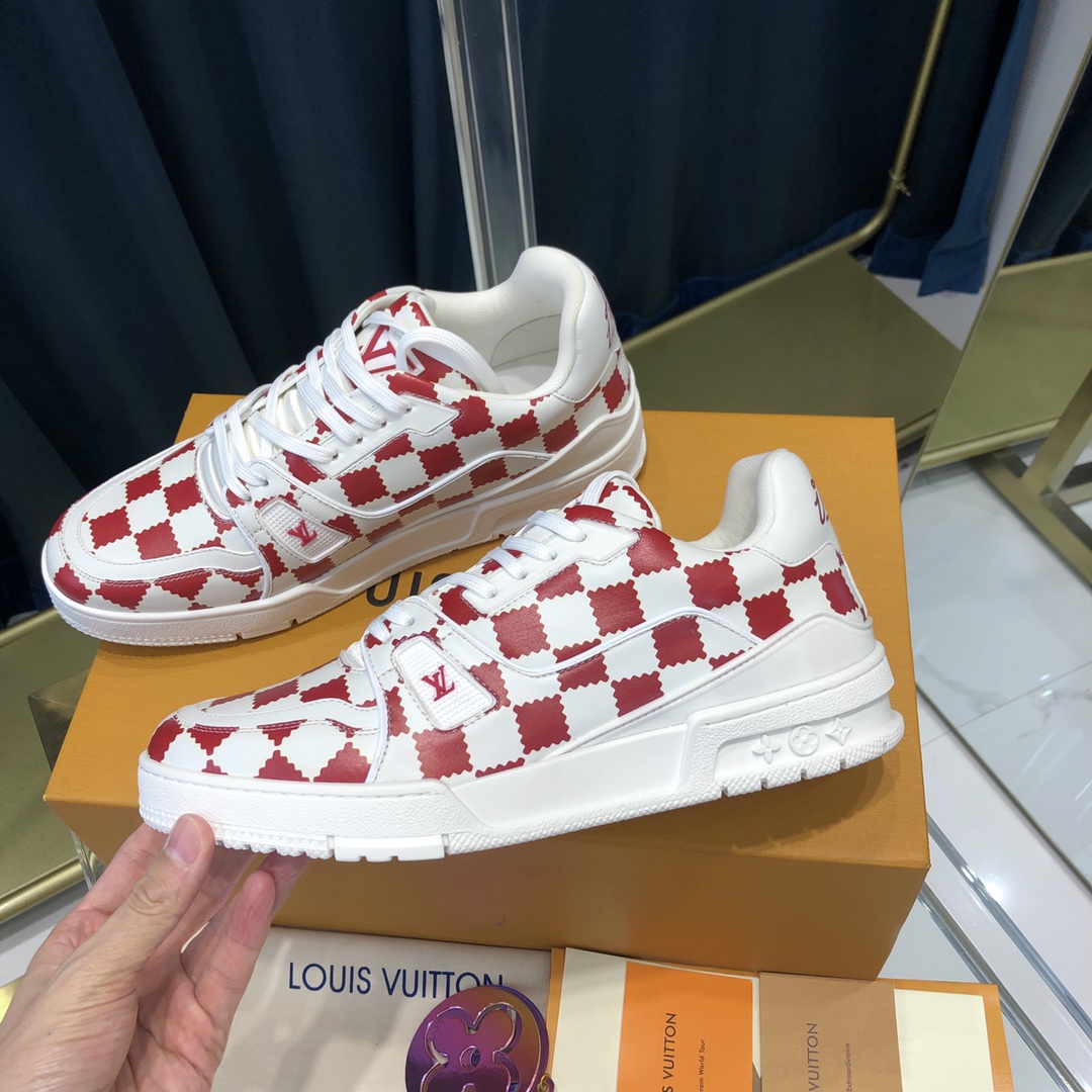 Louis Vuitton Trainer Sneaker Red White Damier - DopestKickz