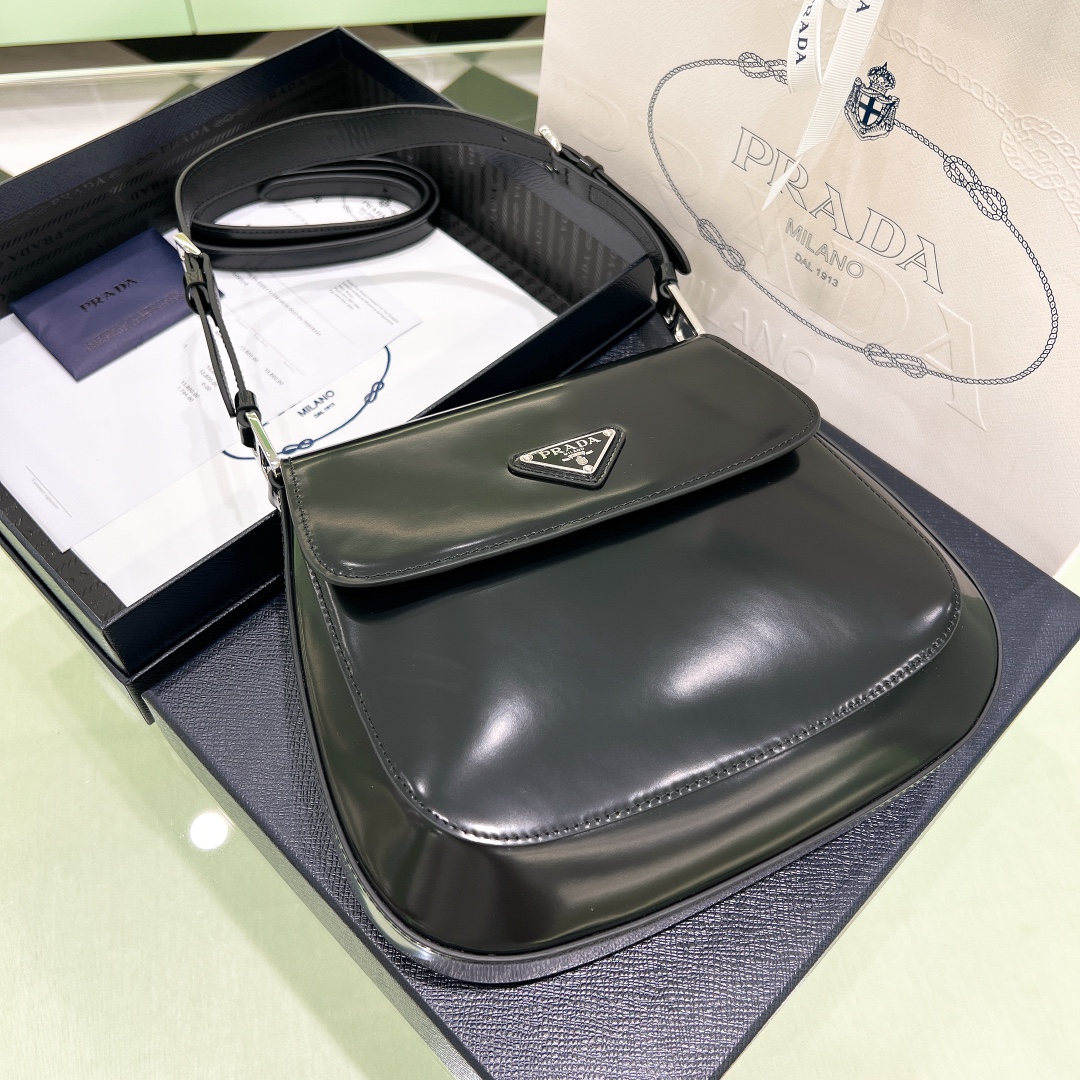 Prada Cleo Brushed Leather Shoulder Bag In Black(24-19-6cm)   1BD303 - DopestKickz
