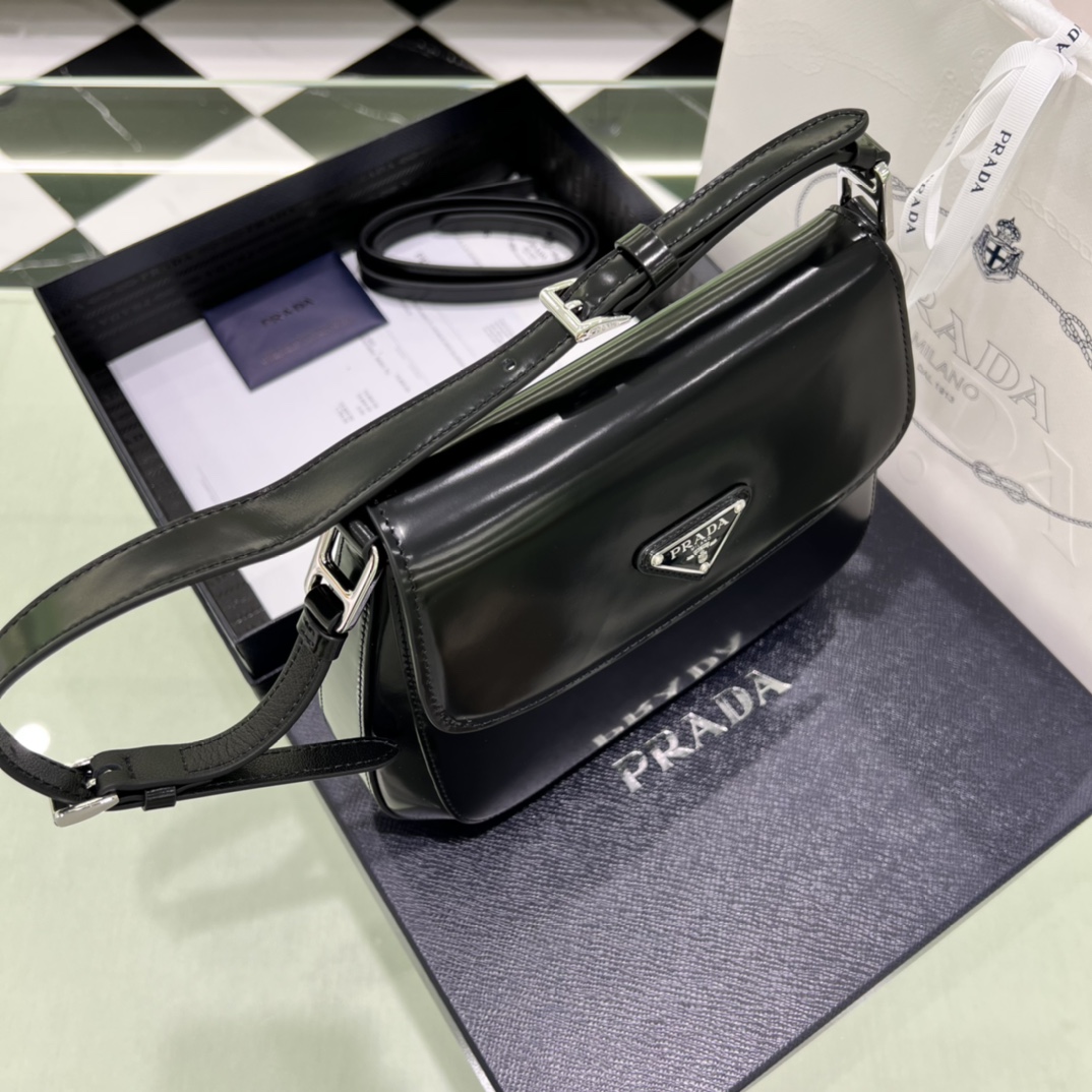 Prada Cleo Brushed Leather Shoulder Bag In Black(24-19-6cm)   1BD303 - DopestKickz