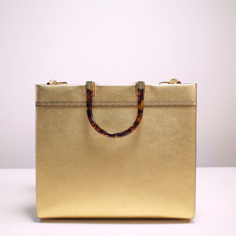 Fendi Sunshine Medium Shopper Bag In Gold Laminated Leather (35-31-17cm)  8BH386 - DopestKickz