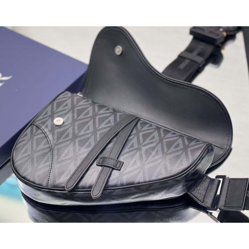 Dior Black CD Diamond Canvas And Smooth Calfskin Saddle Bag(26-19-4.5cm) 1ADPO093 - DopestKickz