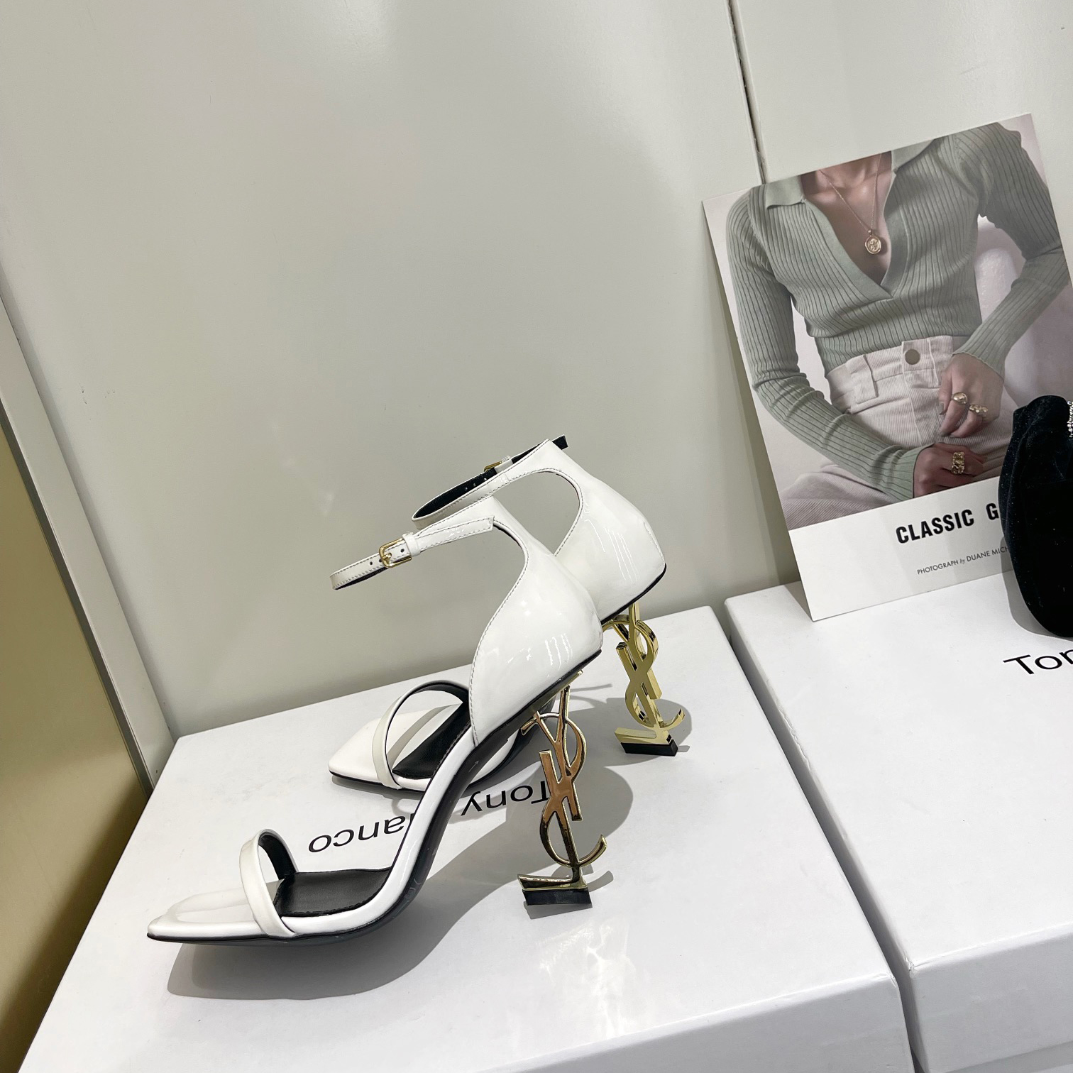 Saint Laurent Opyum Sandals In Patent Leather With Gold-Tone Heel— Heel Higth 90mm - DopestKickz