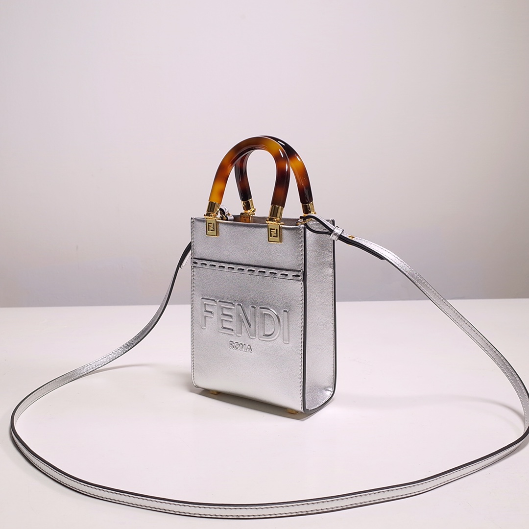 Fendi Mini Sunshine Shopper Bag In Silver Laminated Leather (13-18-6.5CM) - DopestKickz