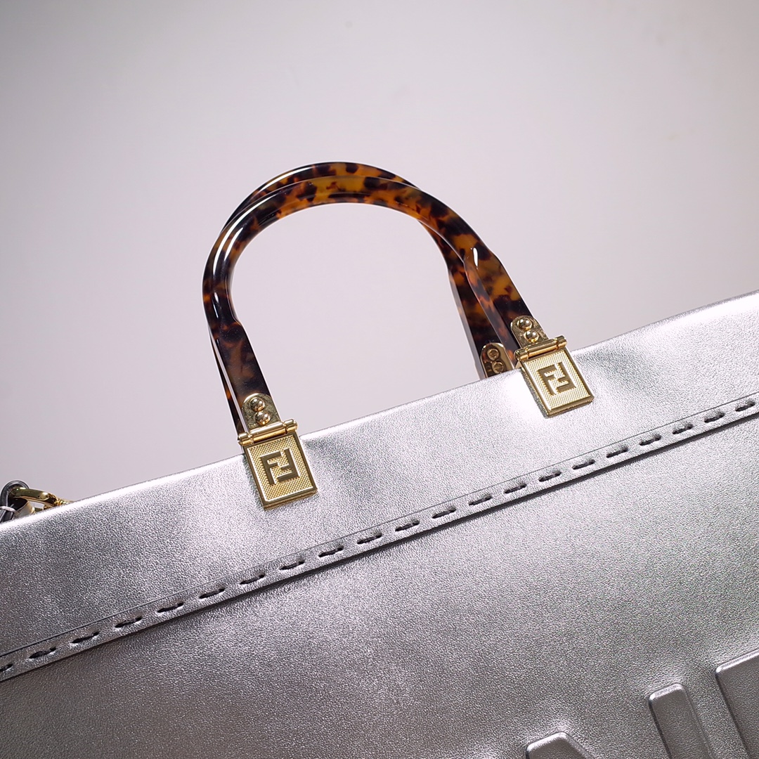 Fendi Sunshine Medium Shopper Bag In Silver Laminated Leather (35-31-17cm)  8BH386 - DopestKickz