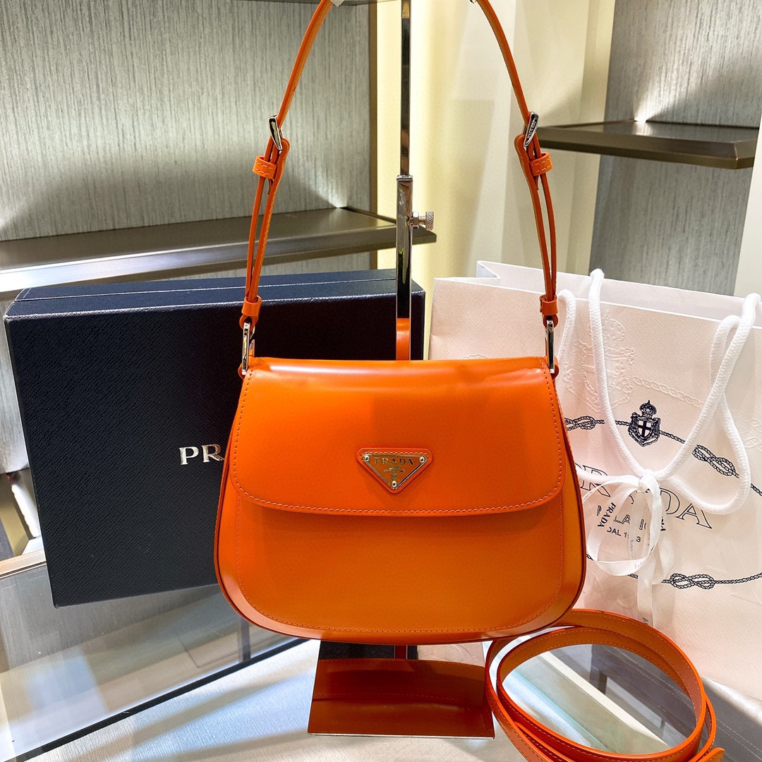 Prada Cleo Brushed Leather Shoulder Bag In Orange(24-19-6cm)   1BD303 - DopestKickz