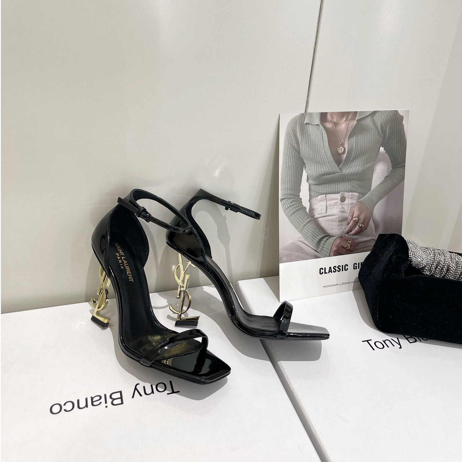 Saint Laurent Opyum Sandals In Patent Leather WIth Gold-Tone Heel— Heel Higth 90mm - DopestKickz
