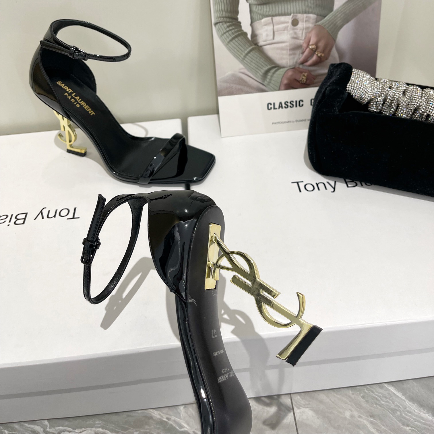 Saint Laurent Opyum Sandals In Patent Leather WIth Gold-Tone Heel— Heel Higth 90mm - DopestKickz