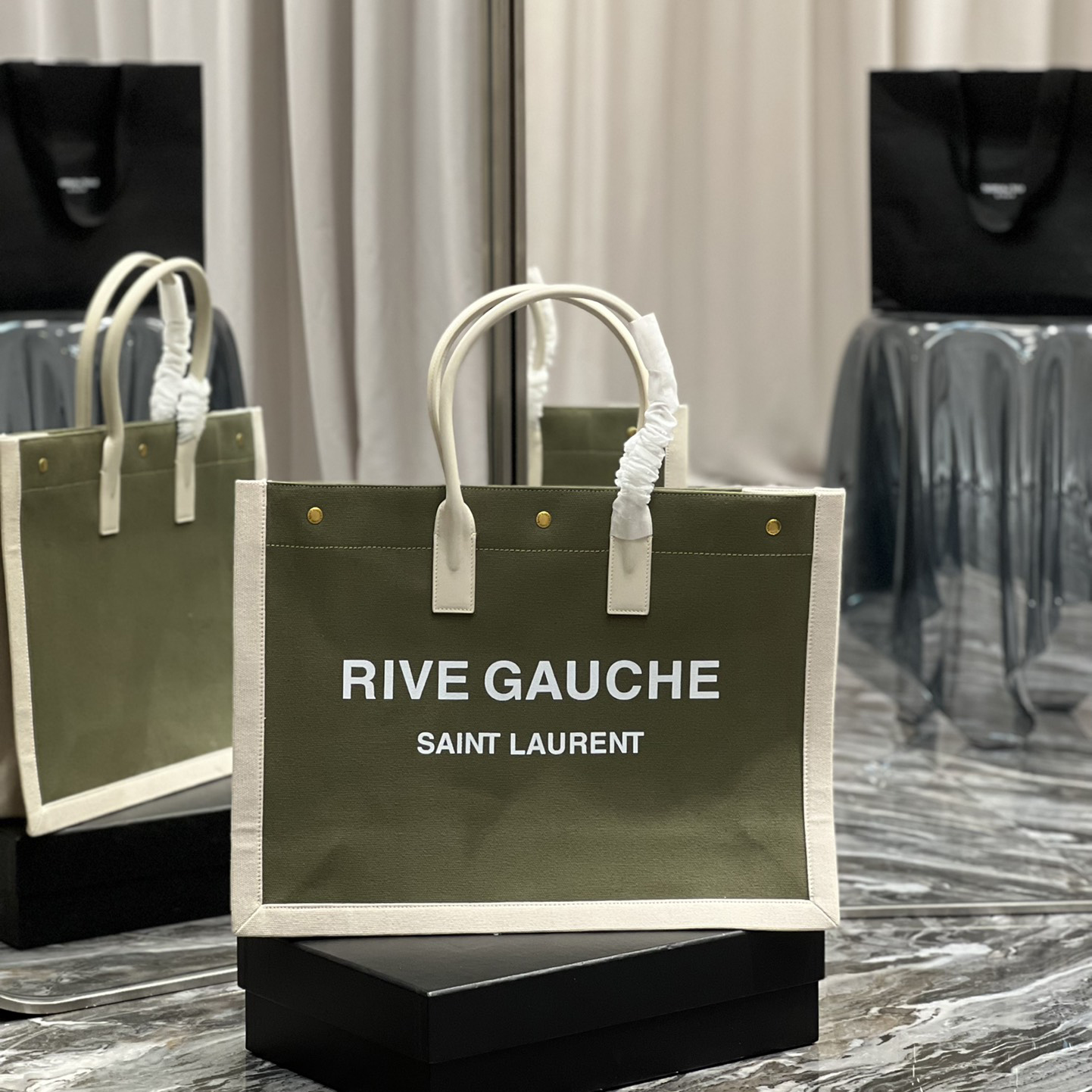 Saint Laurent Rive Gquche Tote Bag In Linen And Smooth Leather(48-36-16cm) - DopestKickz