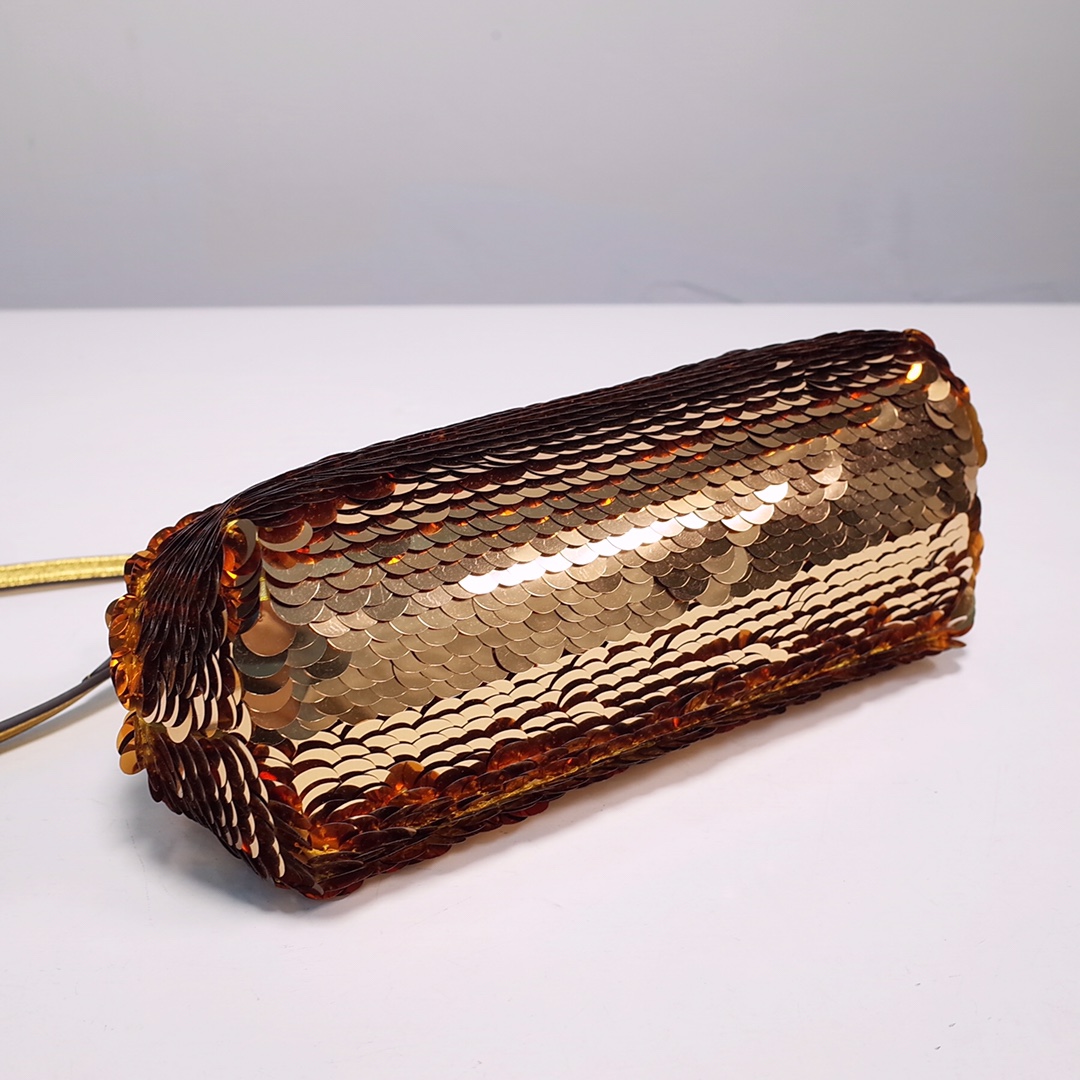 Fendi Gold-Coloured Leather And Sequinned Bag   (26-18-9.5cm)   8BP129  - DopestKickz
