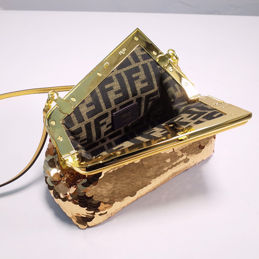 Fendi Gold-Coloured Leather And Sequinned Bag   (26-18-9.5cm)   8BP129  - DopestKickz