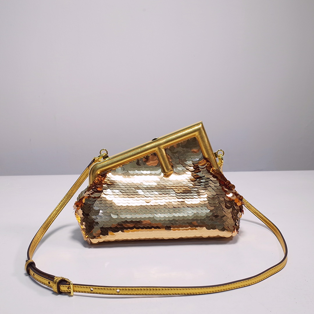 Fendi Gold-Coloured Leather And Sequinned Bag   (26-18-9.5cm)   8BP129  - DopestKickz