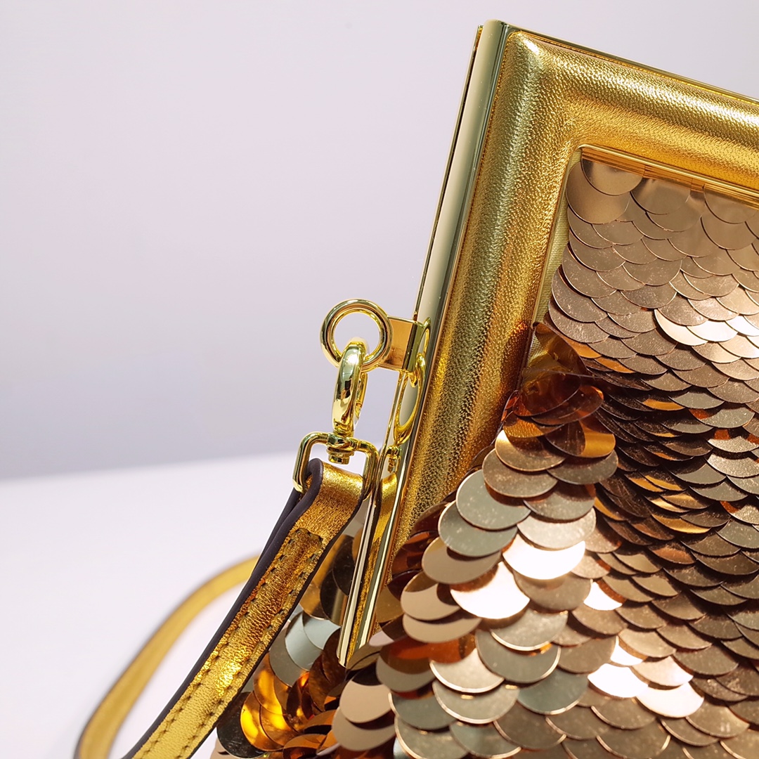 Fendi Gold-Coloured Leather And Sequinned Bag   (26-18-9.5cm)   8BP129  - DopestKickz