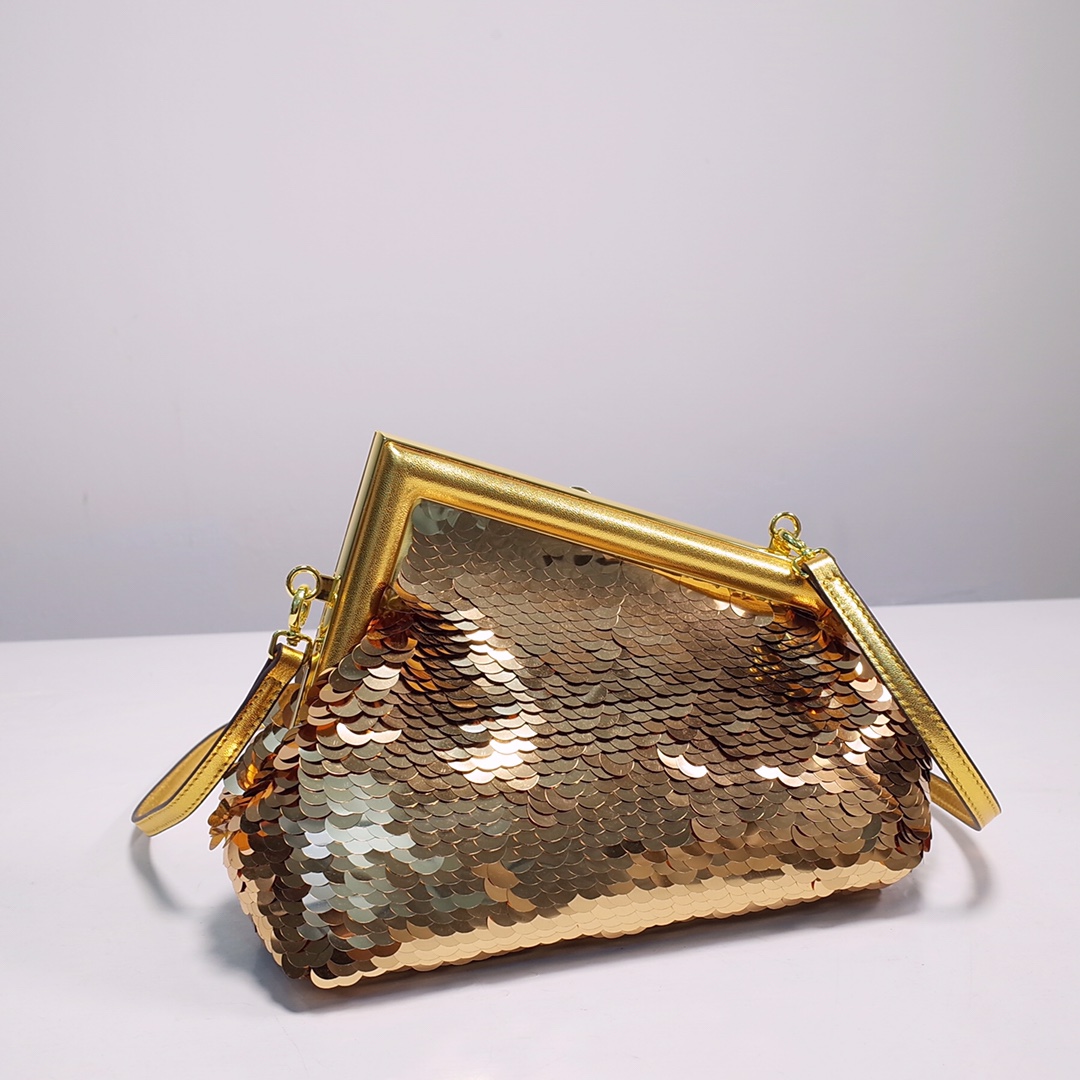 Fendi Gold-Coloured Leather And Sequinned Bag   (26-18-9.5cm)   8BP129  - DopestKickz