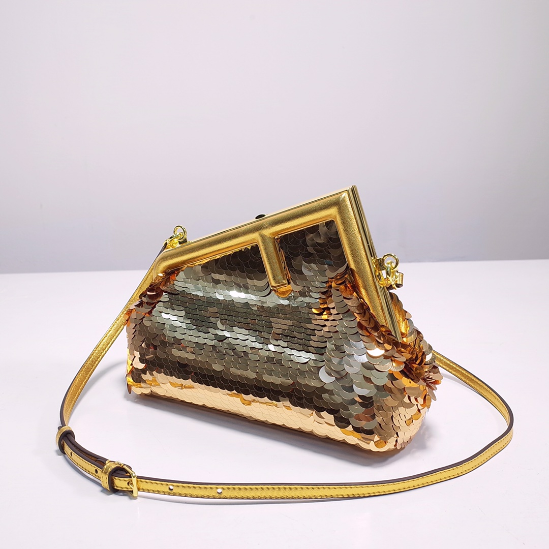 Fendi Gold-Coloured Leather And Sequinned Bag   (26-18-9.5cm)   8BP129  - DopestKickz