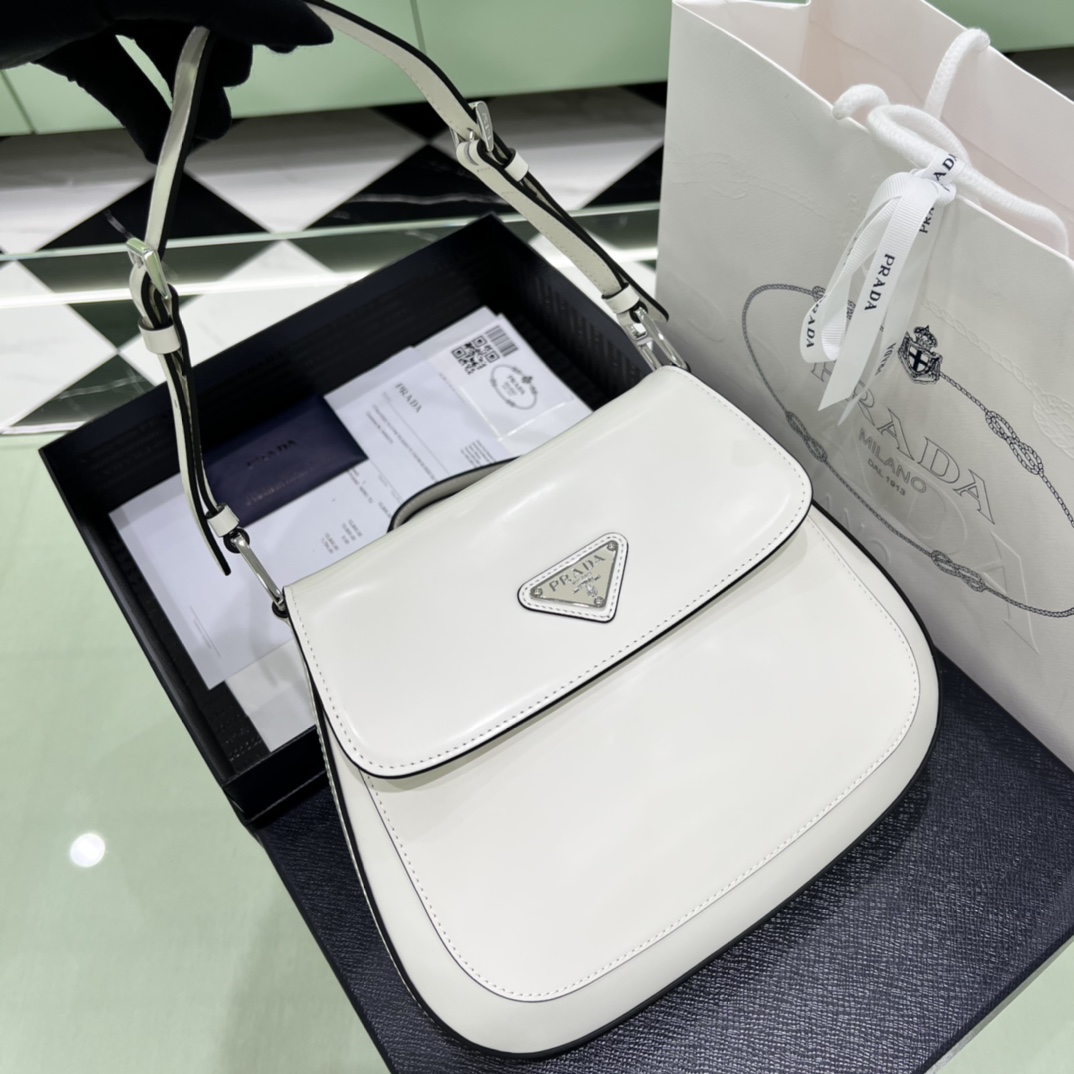 Prada Cleo Brushed Leather Shoulder Bag In White(24-19-6cm)   1BD303 - DopestKickz