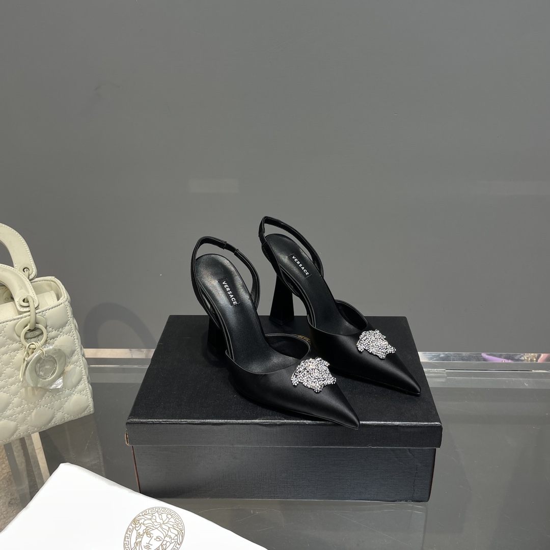 Versace Crystal La Medusa Satin Sling-Back Pumps - DopestKickz