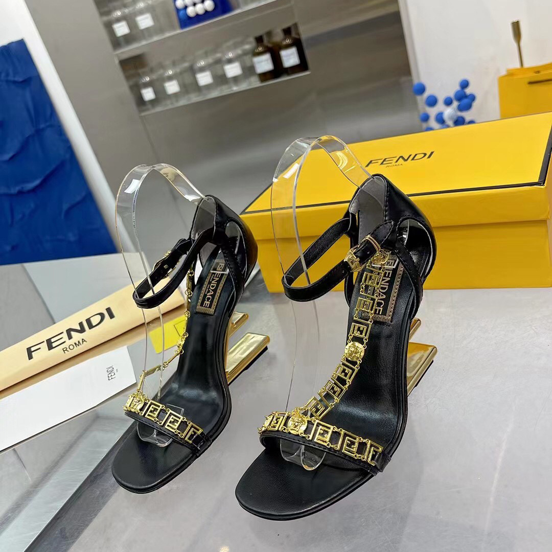 Fendi Fendi First Fendace Black Leather High-Heeled Sandals - DopestKickz