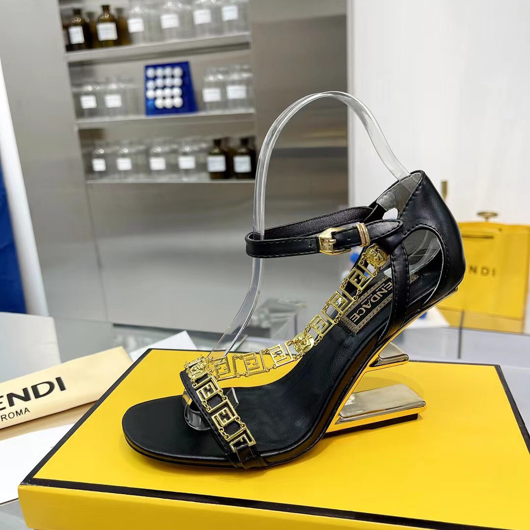 Fendi Fendi First Fendace Black Leather High-Heeled Sandals - DopestKickz
