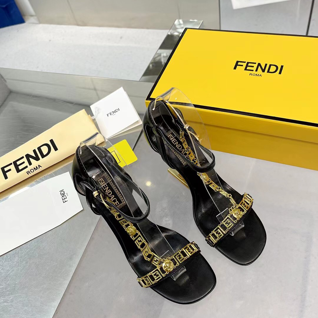 Fendi Fendi First Fendace Black Leather High-Heeled Sandals - DopestKickz