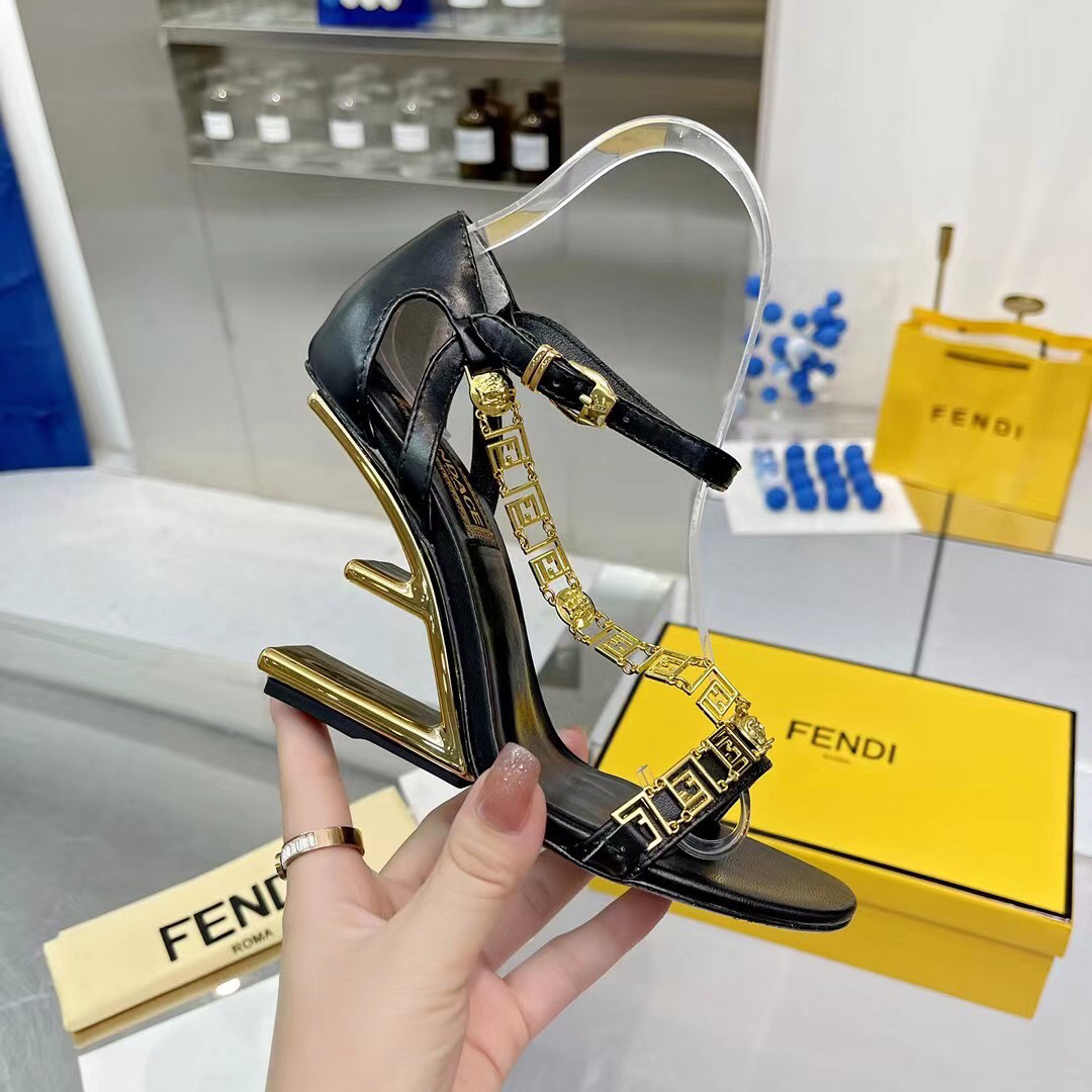 Fendi Fendi First Fendace Black Leather High-Heeled Sandals - DopestKickz