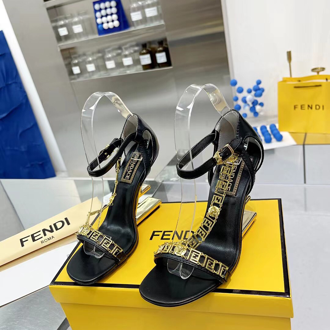 Fendi Fendi First Fendace Black Leather High-Heeled Sandals - DopestKickz