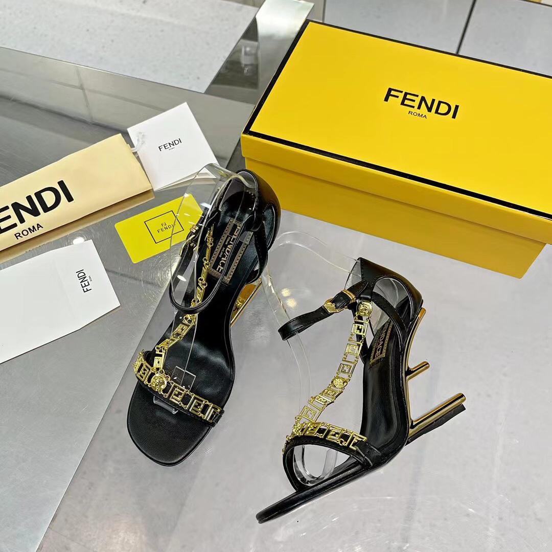 Fendi Fendi First Fendace Black Leather High-Heeled Sandals - DopestKickz