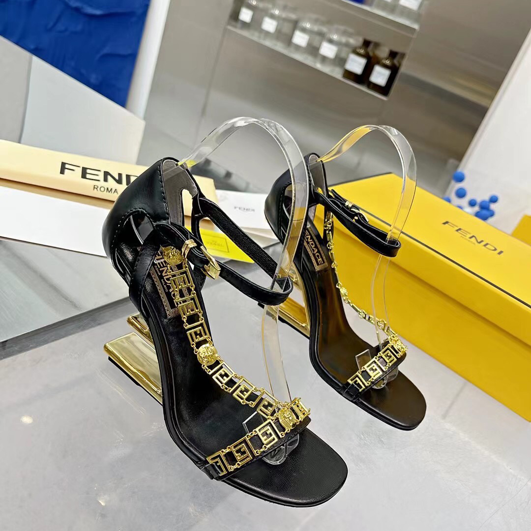 Fendi Fendi First Fendace Black Leather High-Heeled Sandals - DopestKickz