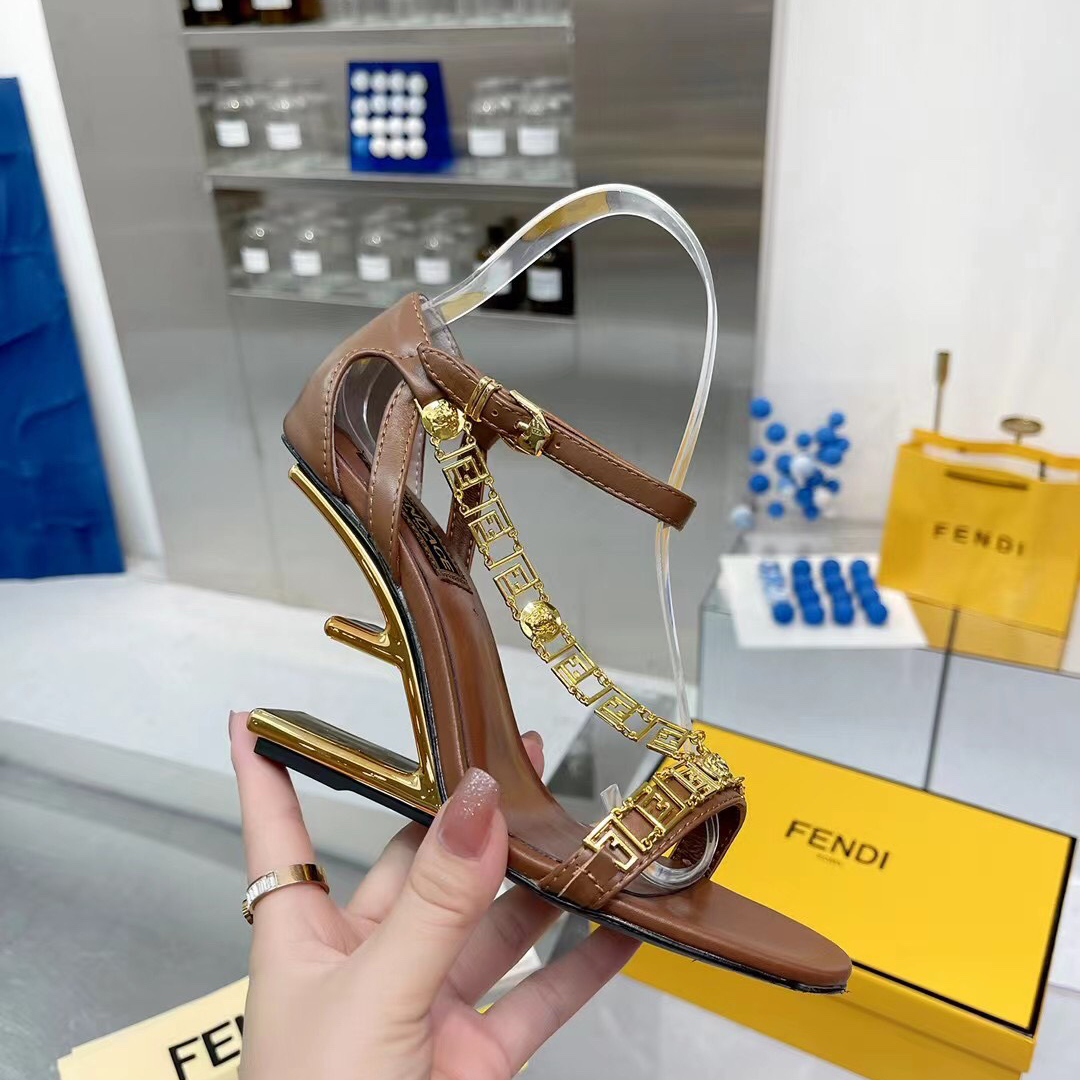 Fendi Fendi First Fendace Brown Leather High-Heeled Sandals - DopestKickz