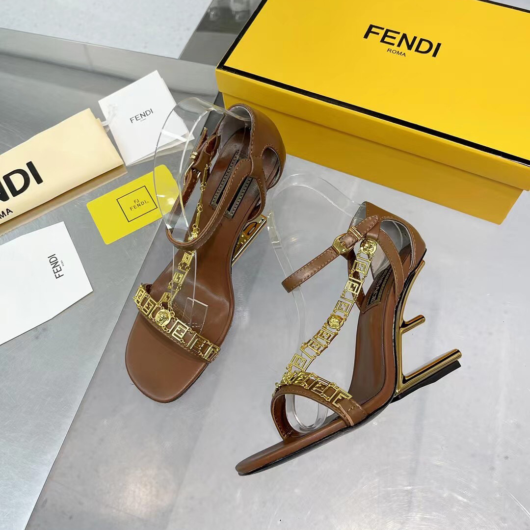 Fendi Fendi First Fendace Brown Leather High-Heeled Sandals - DopestKickz