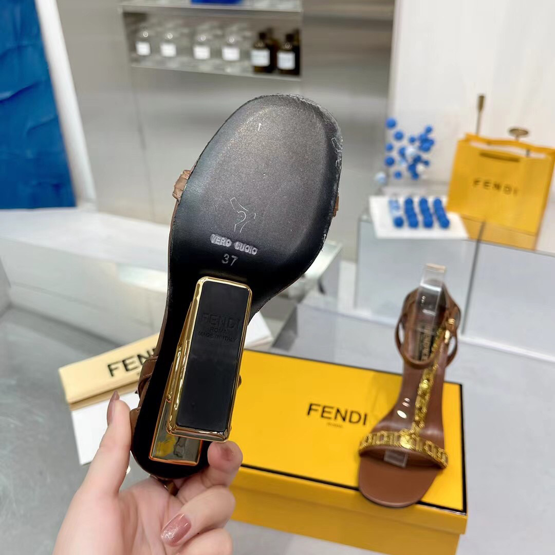 Fendi Fendi First Fendace Brown Leather High-Heeled Sandals - DopestKickz
