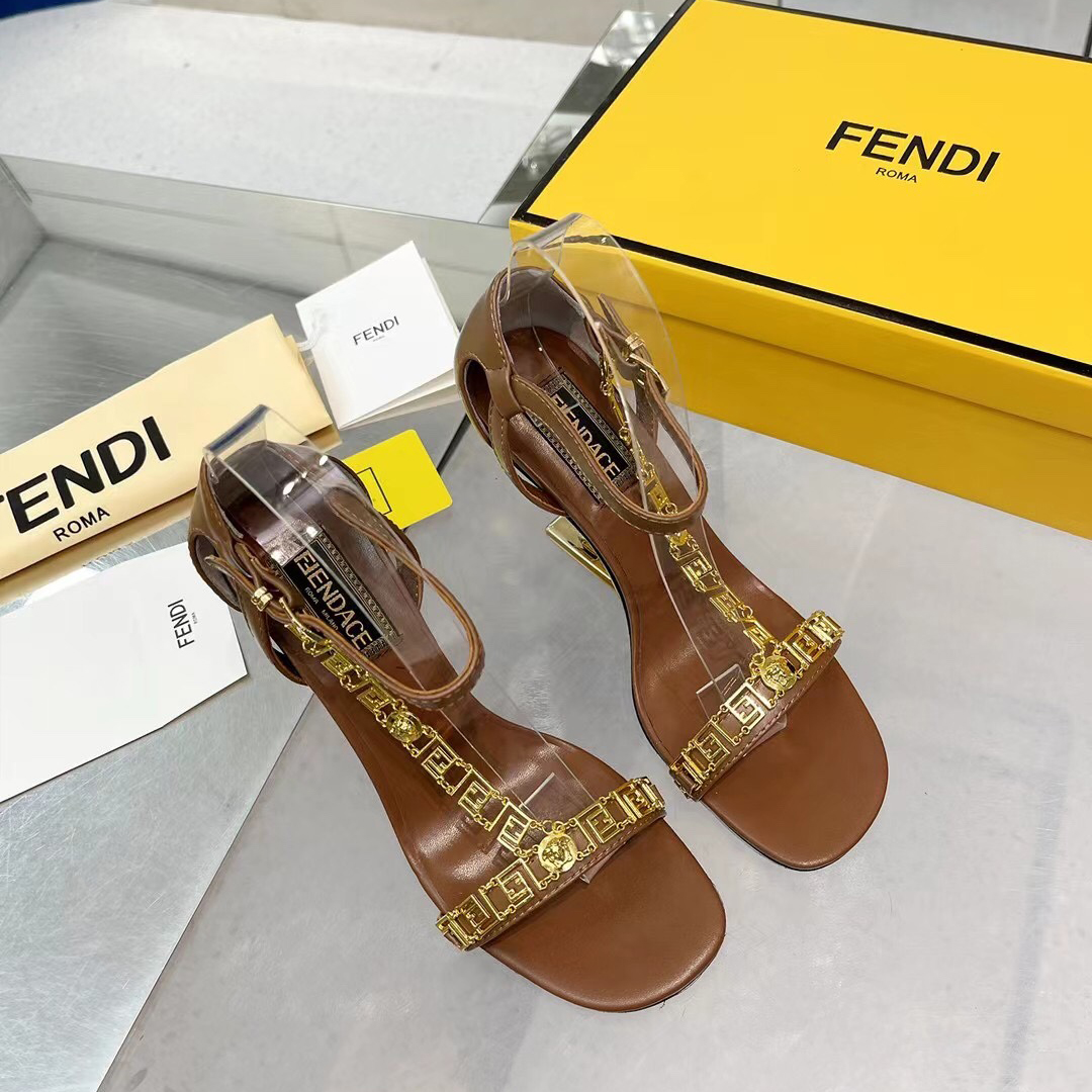 Fendi Fendi First Fendace Brown Leather High-Heeled Sandals - DopestKickz