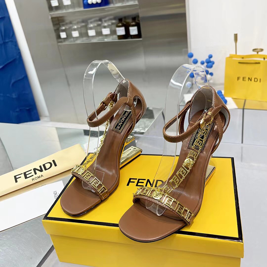 Fendi Fendi First Fendace Brown Leather High-Heeled Sandals - DopestKickz