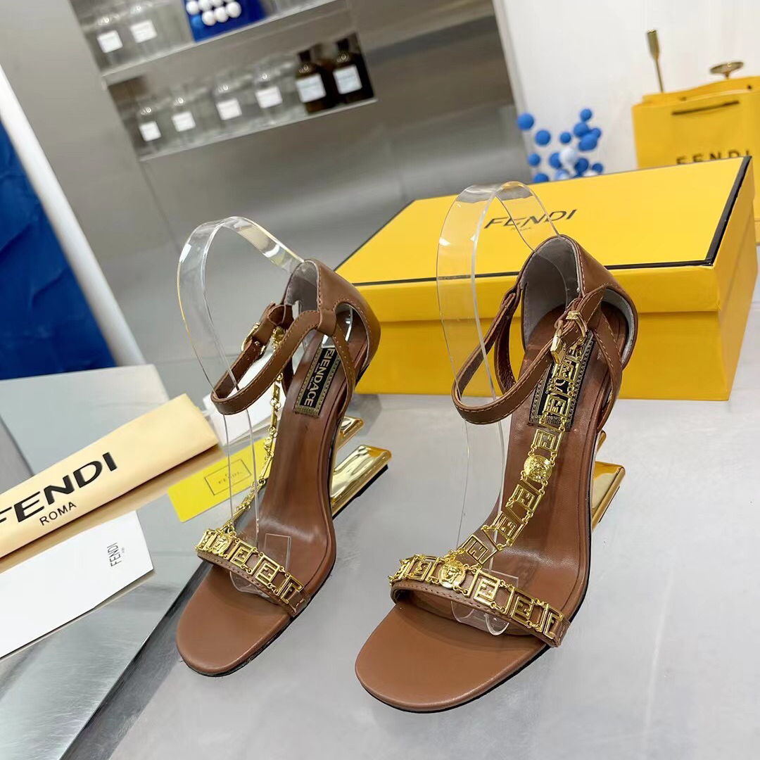 Fendi Fendi First Fendace Brown Leather High-Heeled Sandals - DopestKickz
