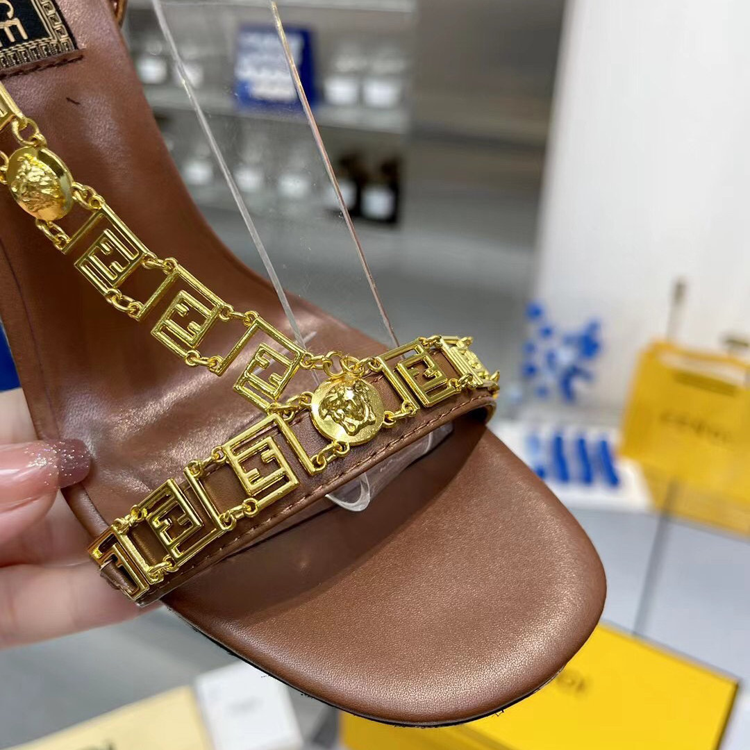 Fendi Fendi First Fendace Brown Leather High-Heeled Sandals - DopestKickz