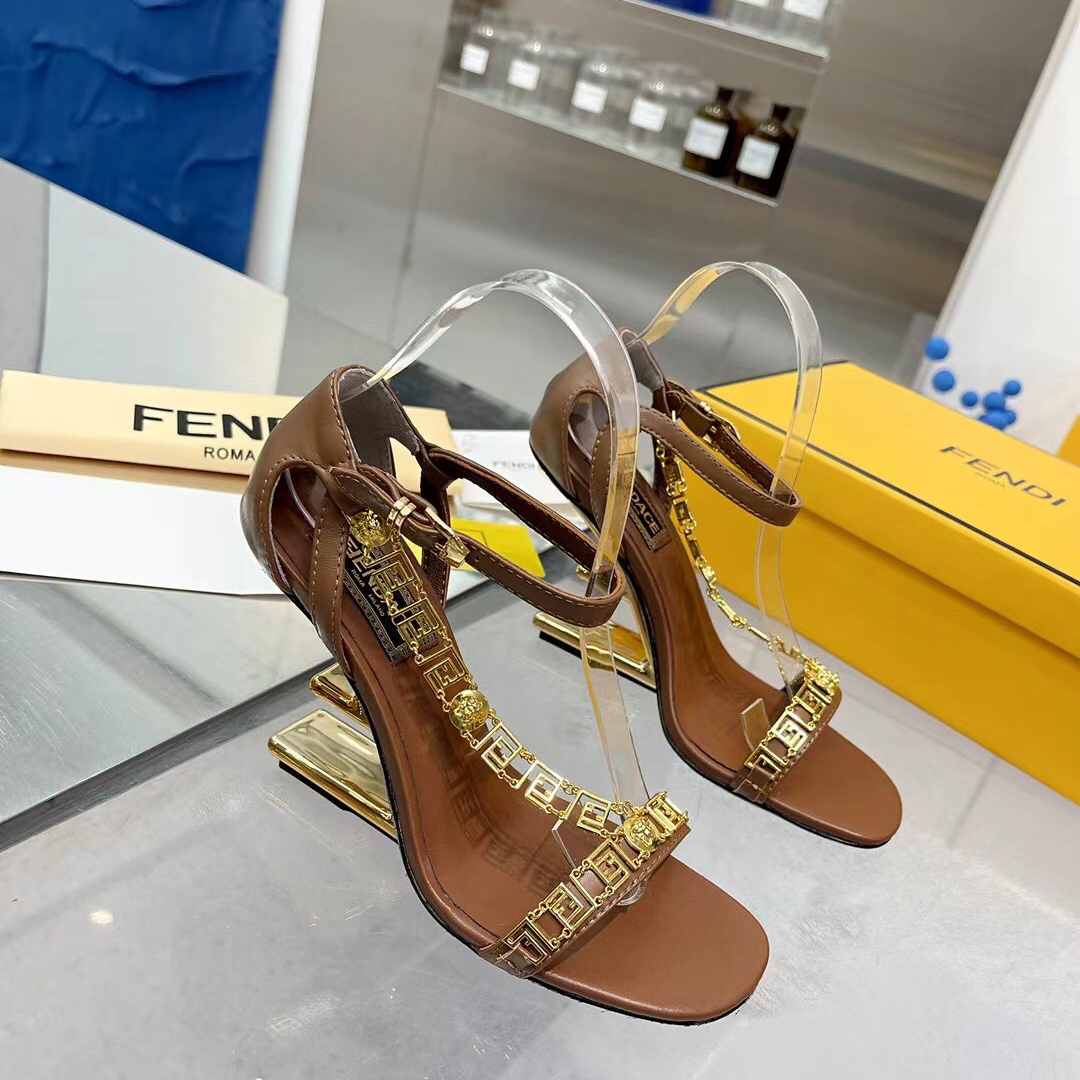 Fendi Fendi First Fendace Brown Leather High-Heeled Sandals - DopestKickz