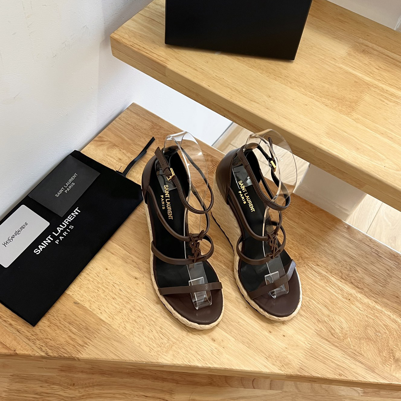 Saint Laurent Cassandra Wedge Espadrilles In Smooth Leather With Brown monogram - DopestKickz