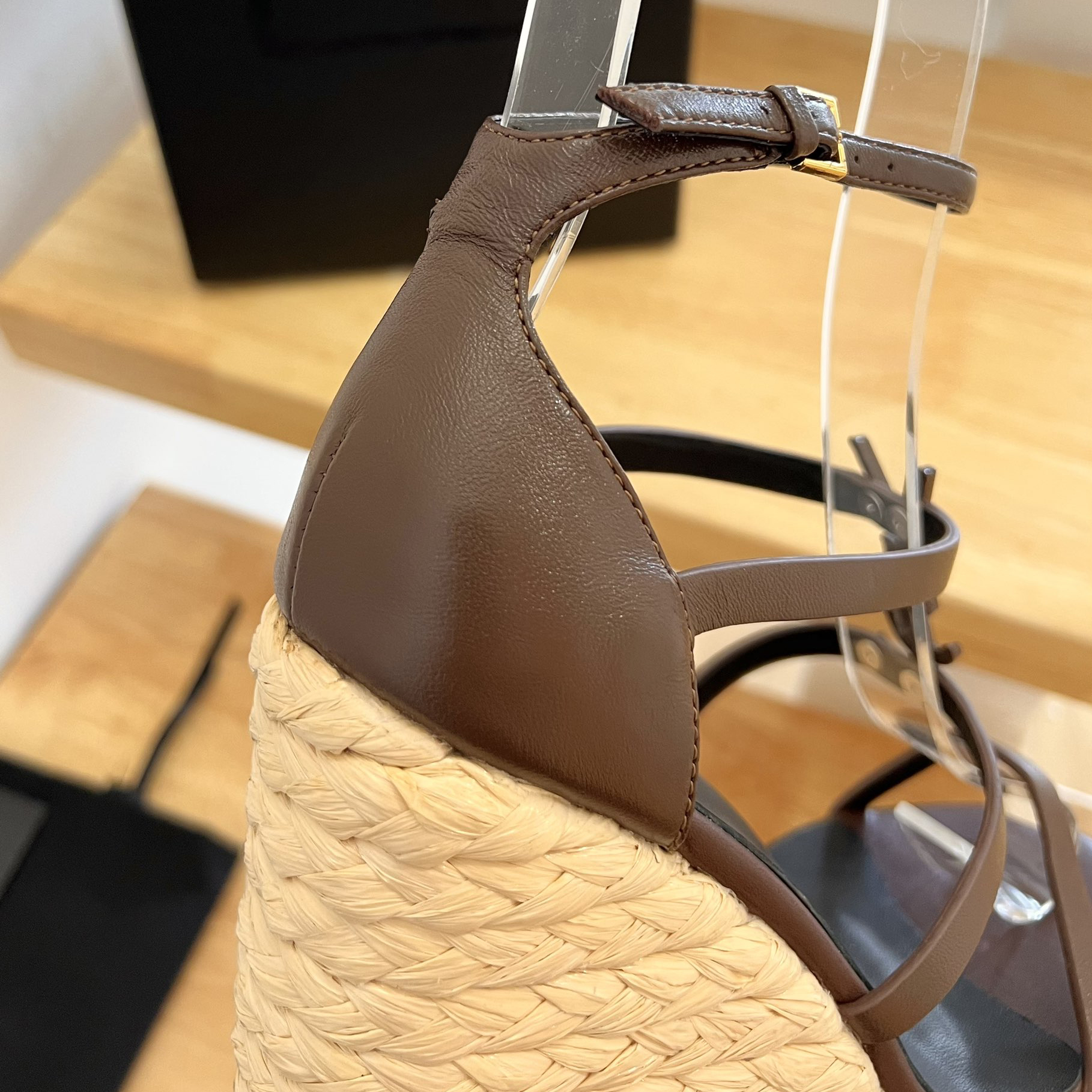 Saint Laurent Cassandra Wedge Espadrilles In Smooth Leather With Brown monogram - DopestKickz