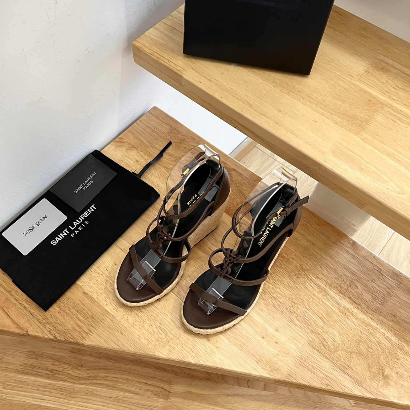 Saint Laurent Cassandra Wedge Espadrilles In Smooth Leather With Brown monogram - DopestKickz