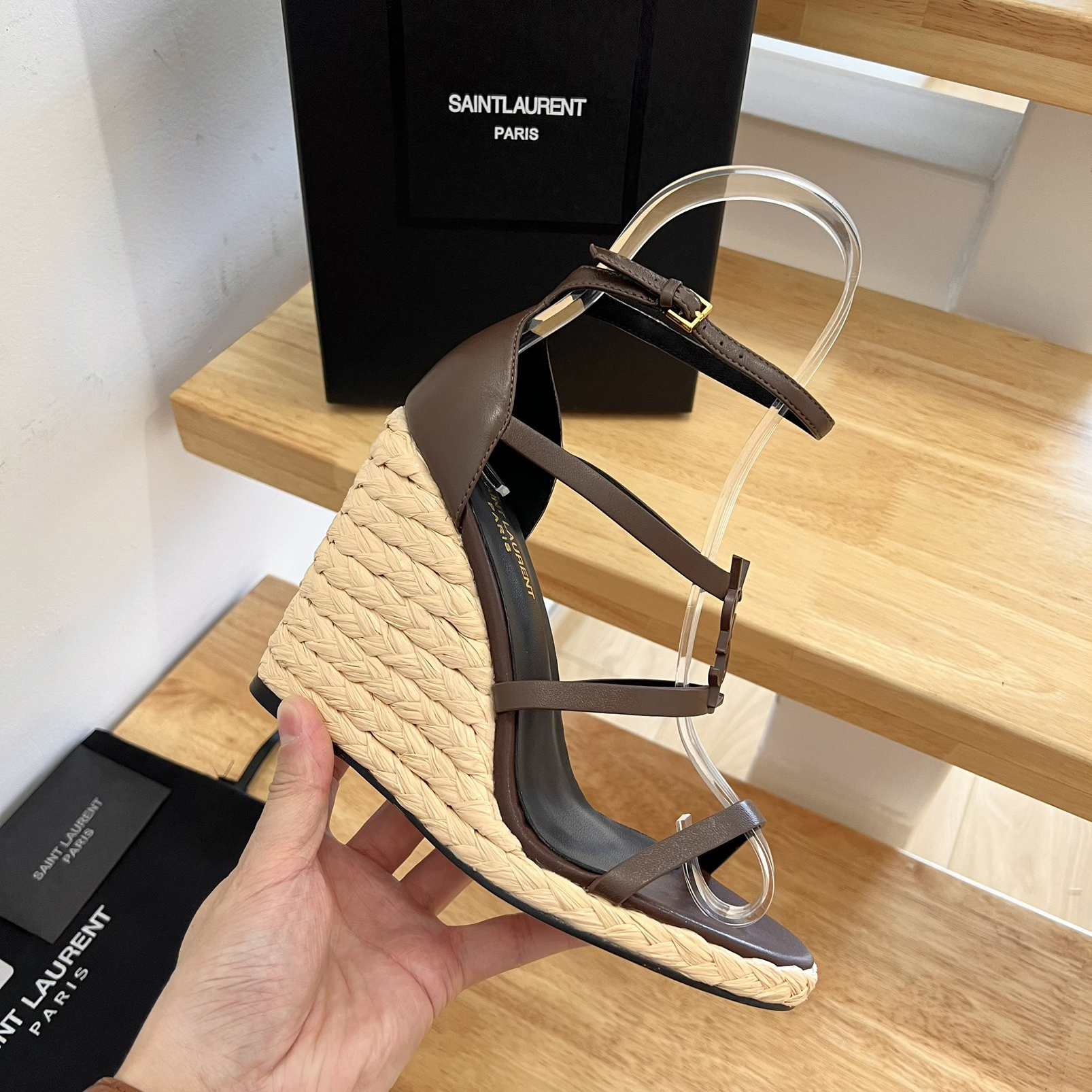 Saint Laurent Cassandra Wedge Espadrilles In Smooth Leather With Brown monogram - DopestKickz