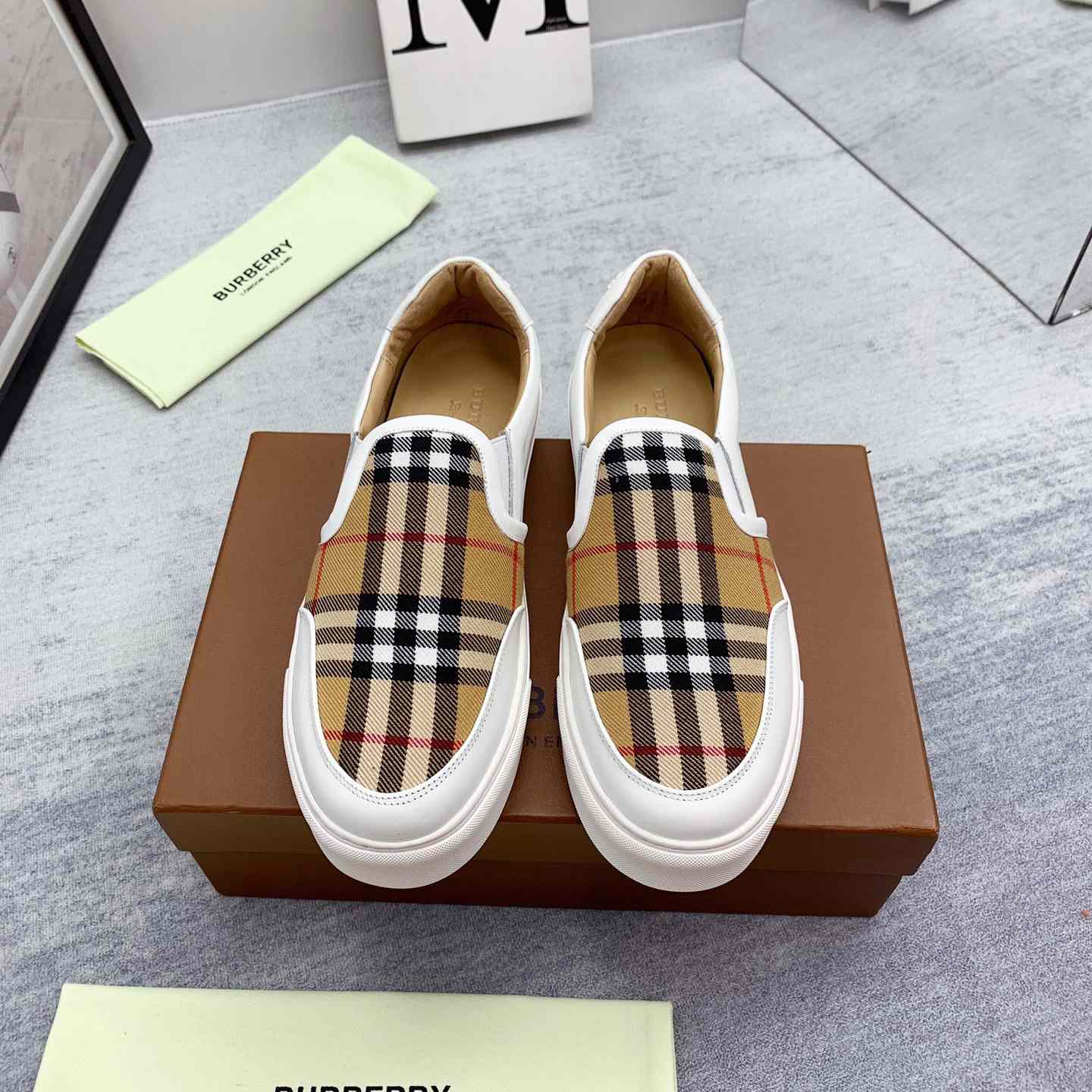 Burberry Leather And Vintage Check Slip-On Sneakers - DopestKickz