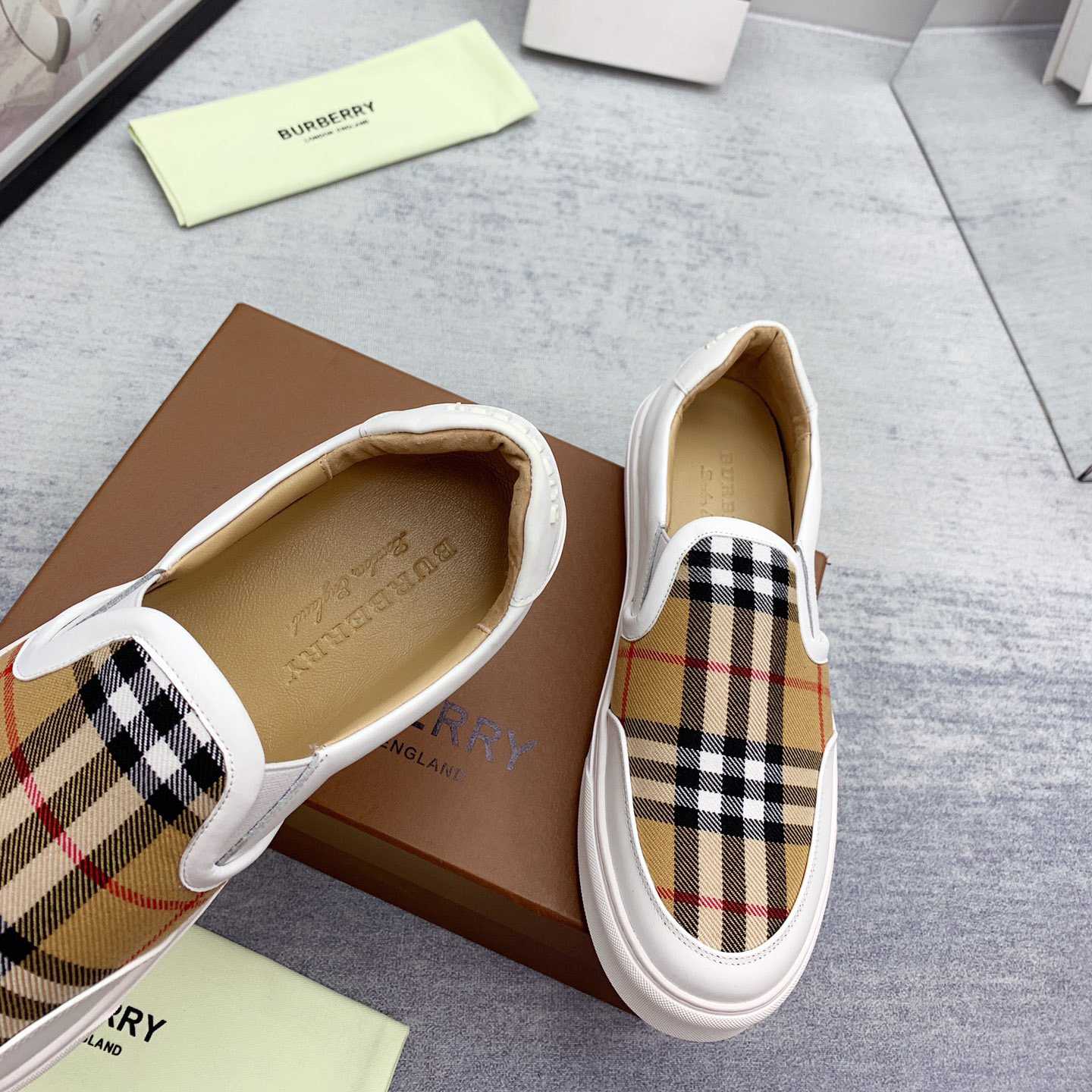 Burberry Leather And Vintage Check Slip-On Sneakers - DopestKickz