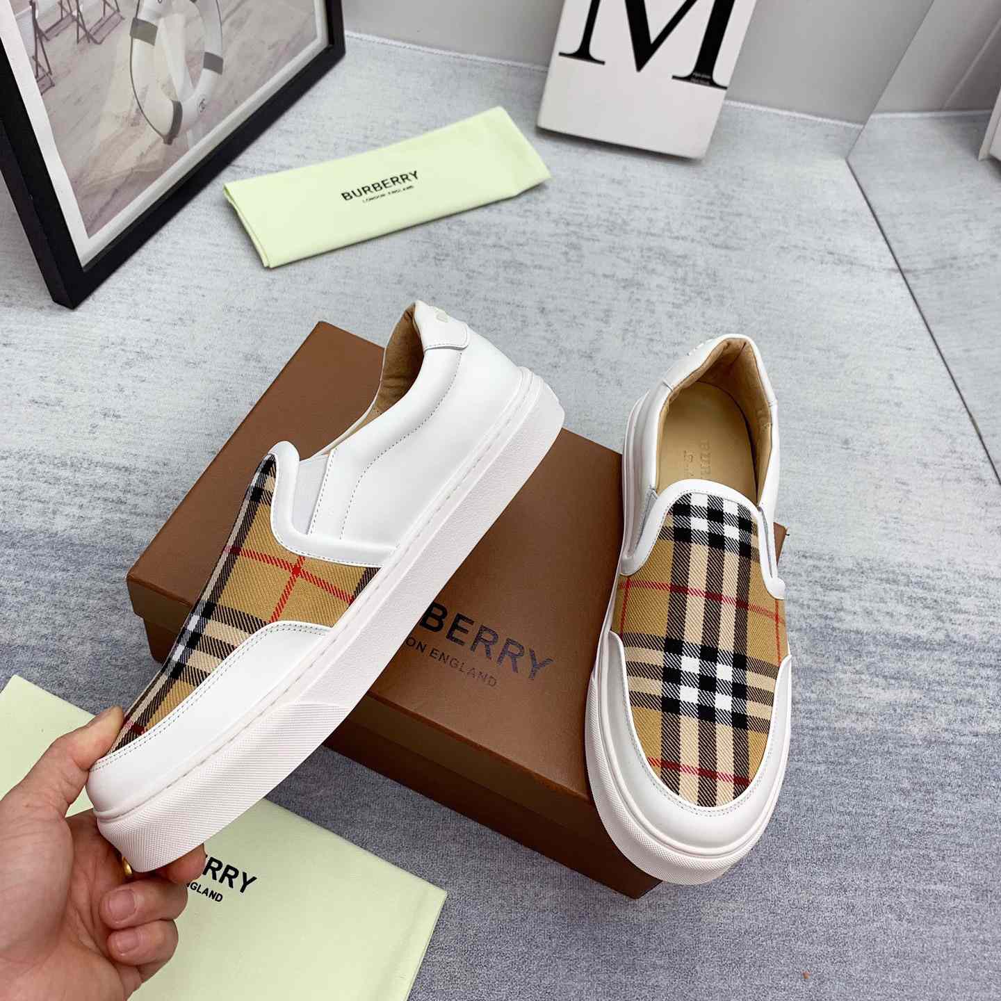 Burberry Leather And Vintage Check Slip-On Sneakers - DopestKickz
