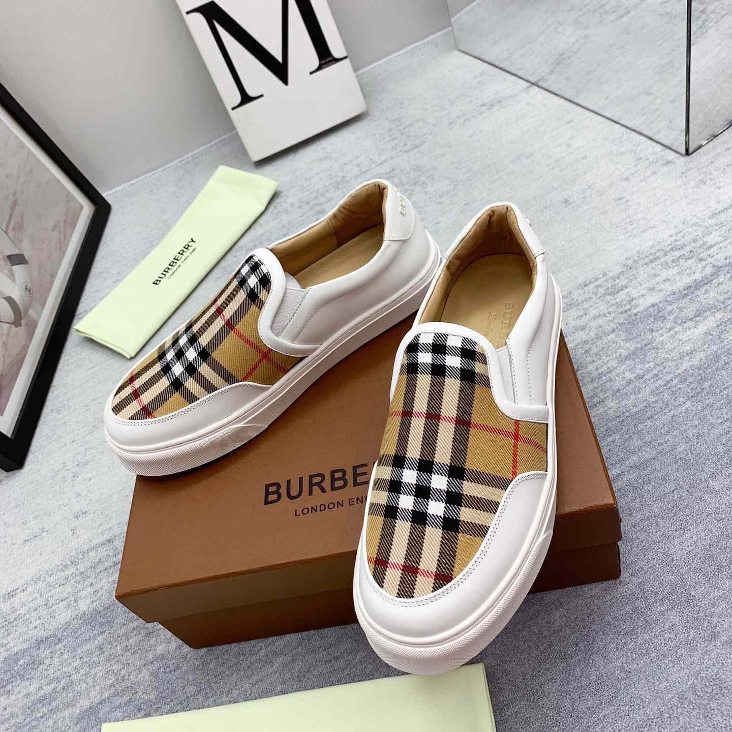 Burberry Leather And Vintage Check Slip-On Sneakers - DopestKickz