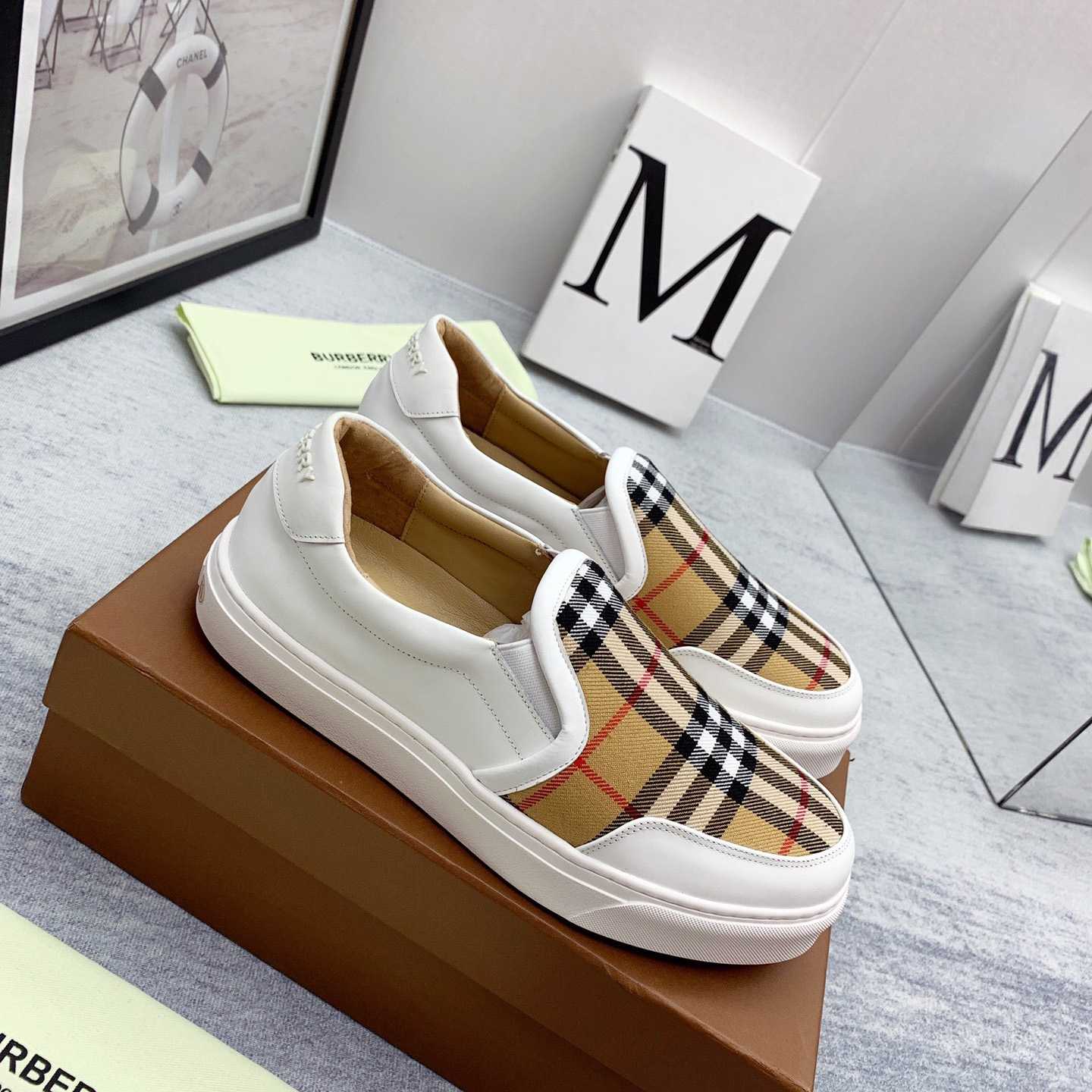 Burberry Leather And Vintage Check Slip-On Sneakers - DopestKickz
