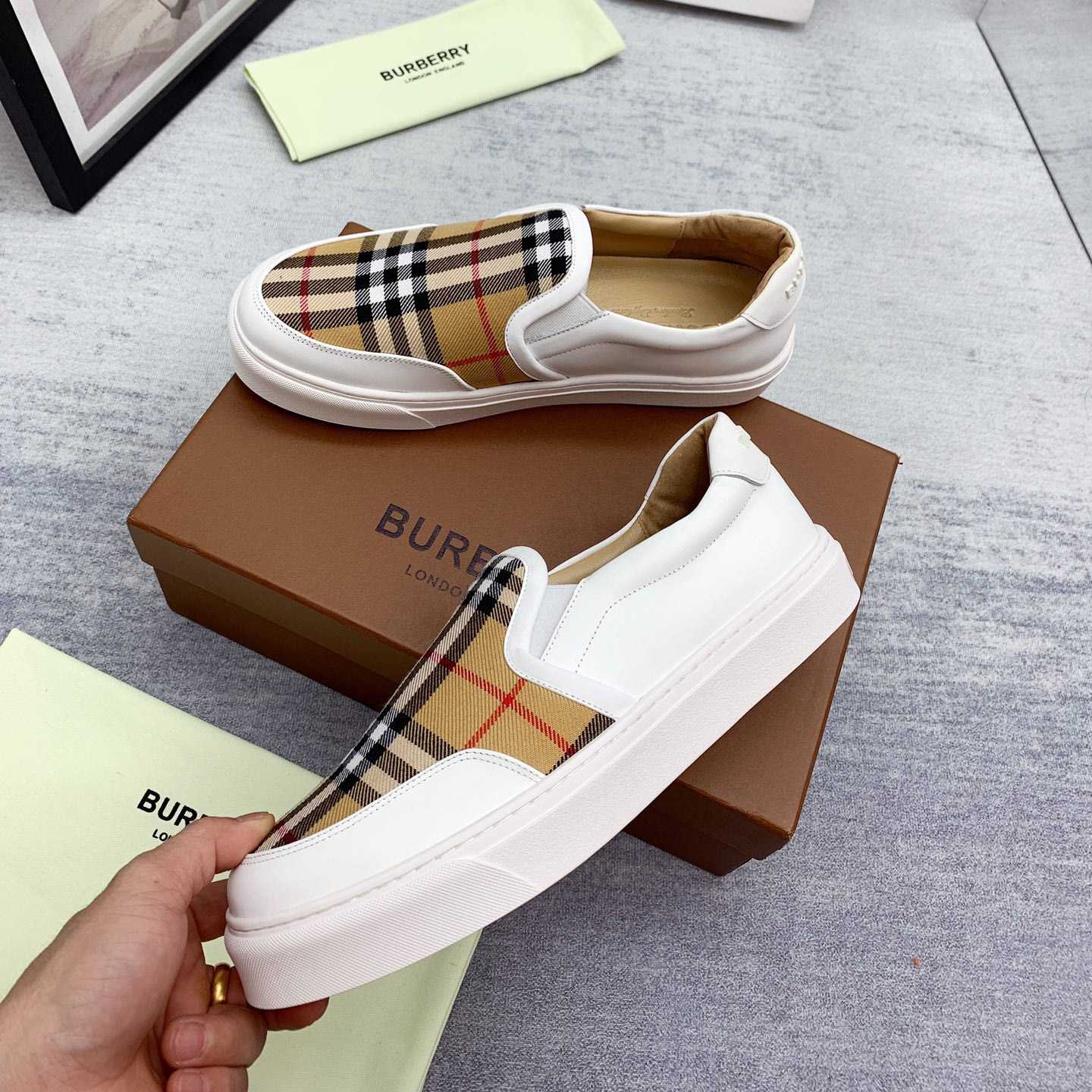 Burberry Leather And Vintage Check Slip-On Sneakers - DopestKickz