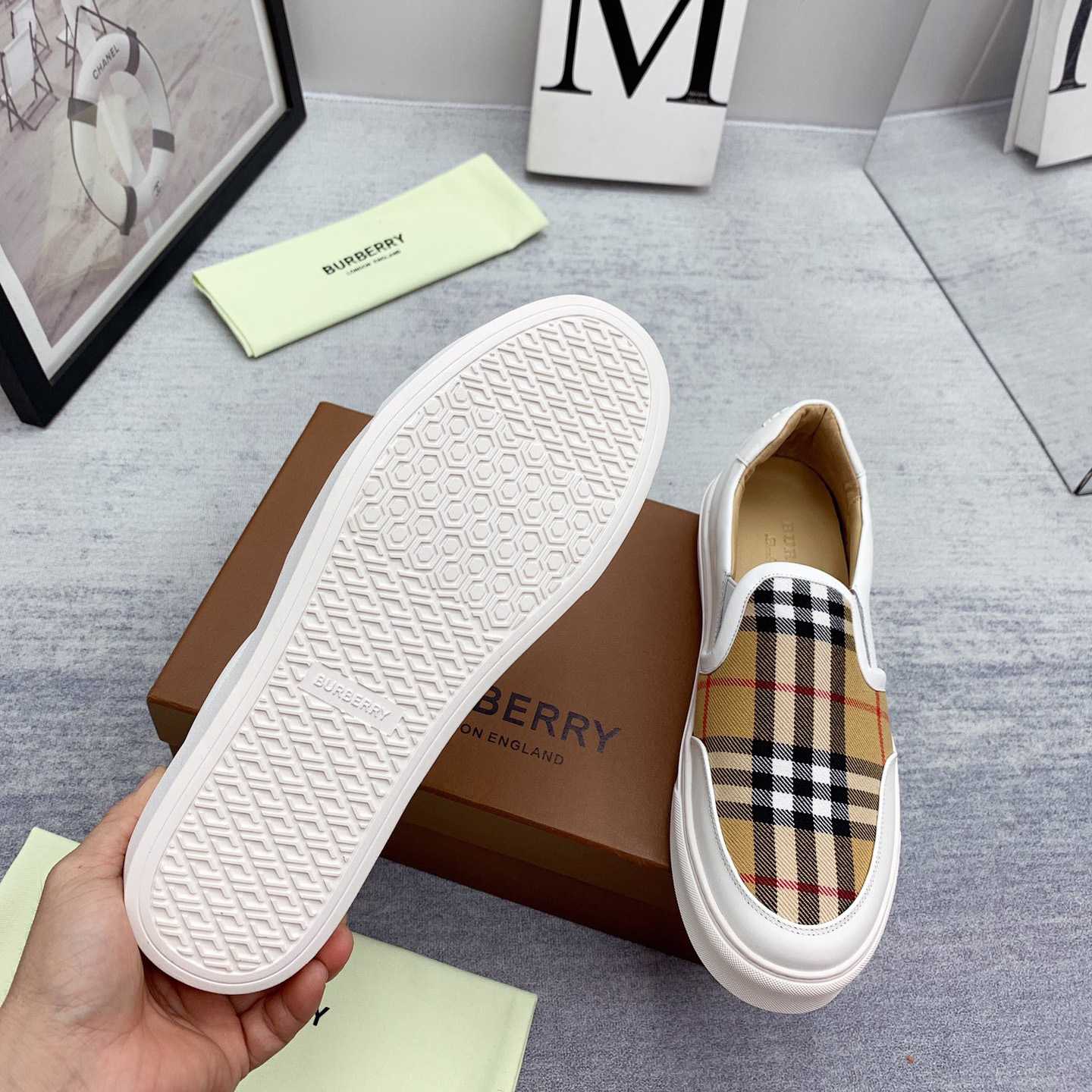Burberry Leather And Vintage Check Slip-On Sneakers - DopestKickz
