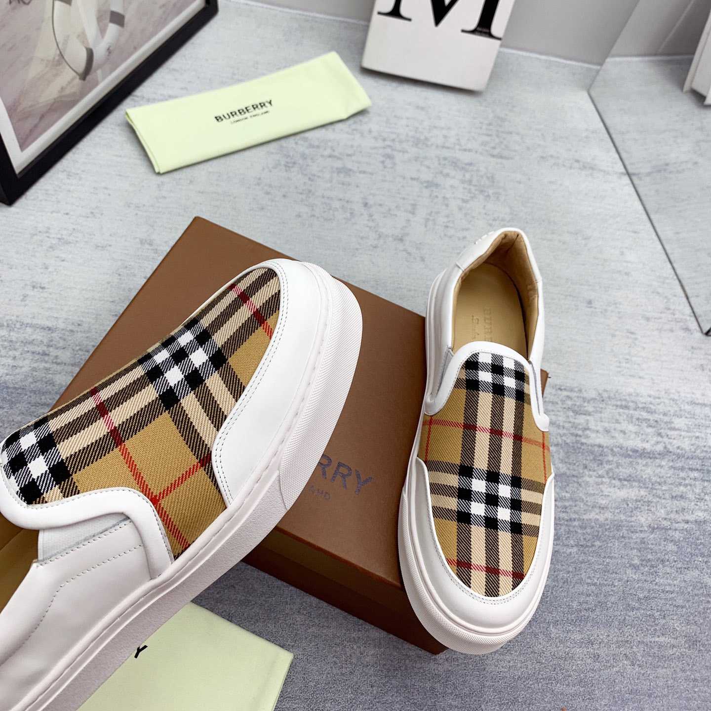 Burberry Leather And Vintage Check Slip-On Sneakers - DopestKickz